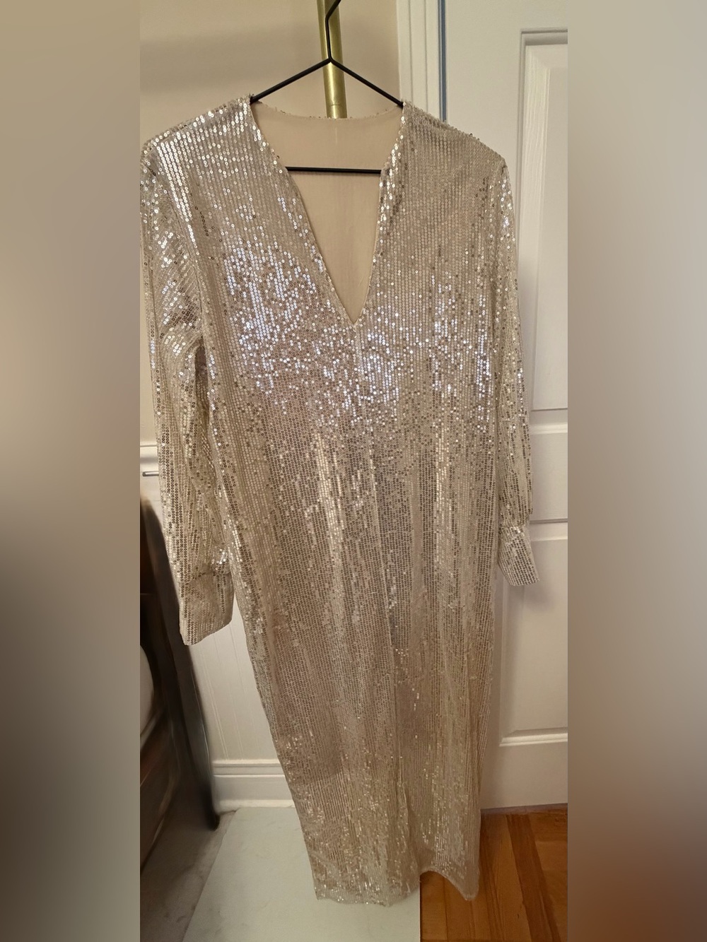 Sequined V-Neck Long Sleeve Gown in Champagne